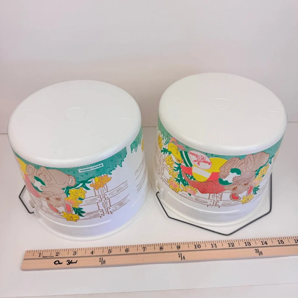 2 Vtg Round Plastic Happy Easter Basket Ice Cream Bucket Myrle's Original No Lid